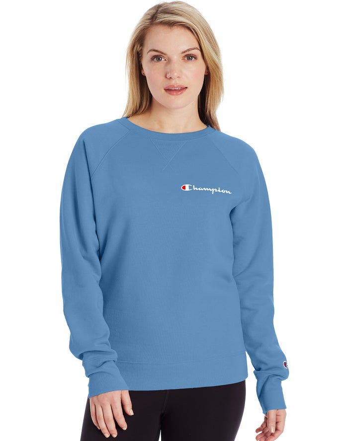 Champion Sweatshirt Dames - Blauw - Powerblend Fleece Classic Crew Script Logo ( 619024-NUY )